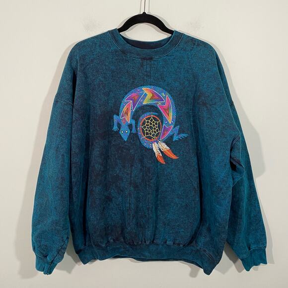 Vtg Green Acid Wash Lizard Dreamcatcher Western Relaxed Fit Pullover Sweatshirt - Picture 1 of 8